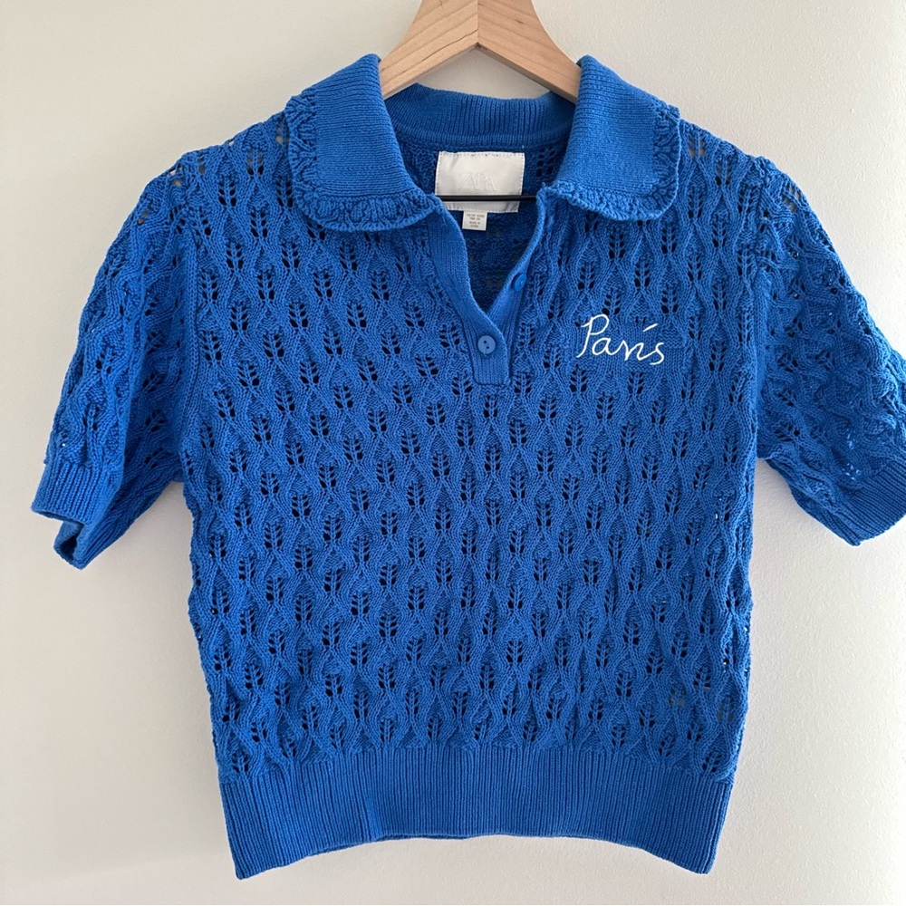 Blue Knit Polo Top with 'Paris' Embroidery - Kids